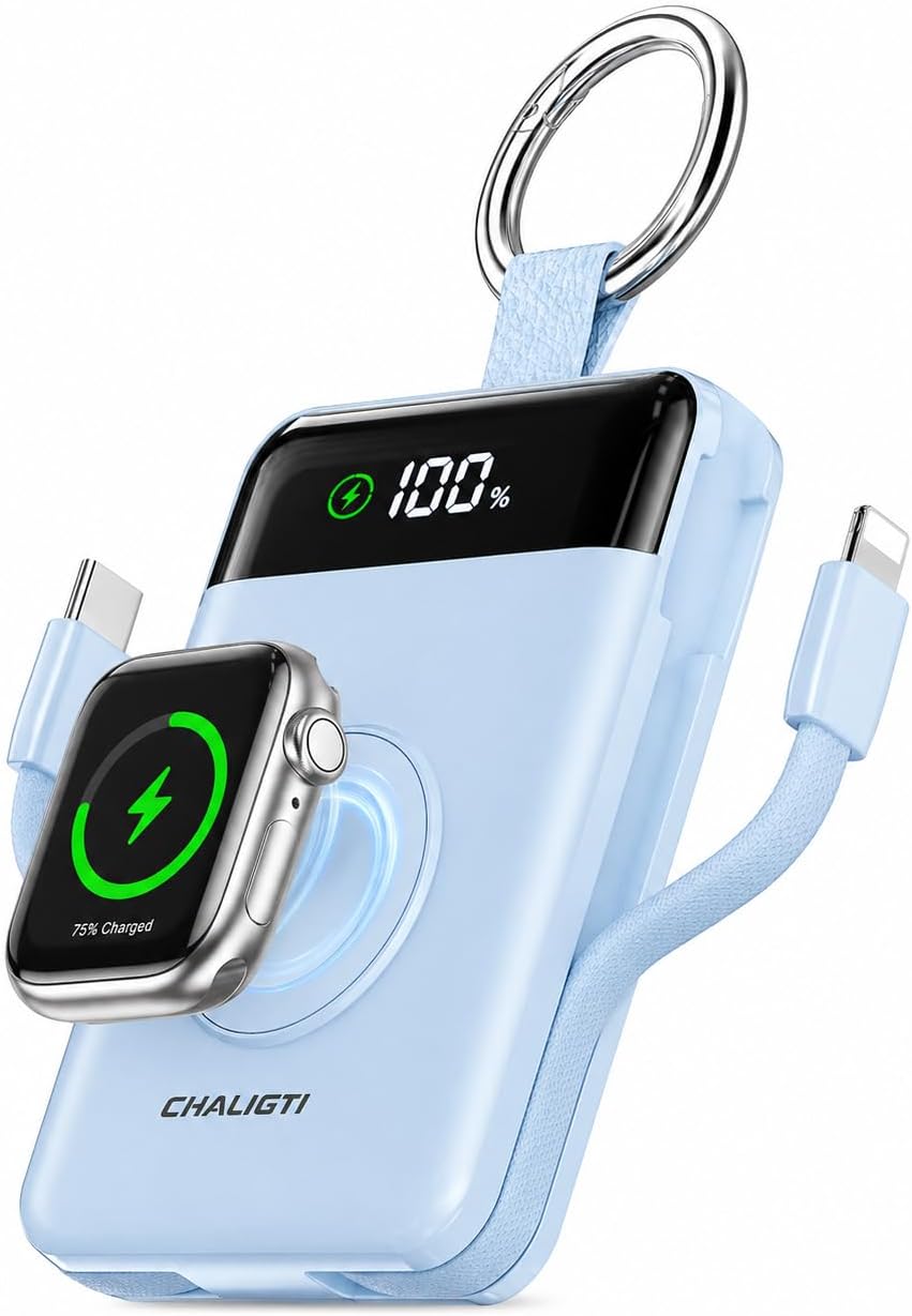 5000mAh Portable Charger with LED Display,PD 20W Super Fast Charging Power Bank with Built-in Cables,Travel Keychain Battery Pack for Apple Watch Series,iPhone Air/17/16/15/14/13/12,Blue